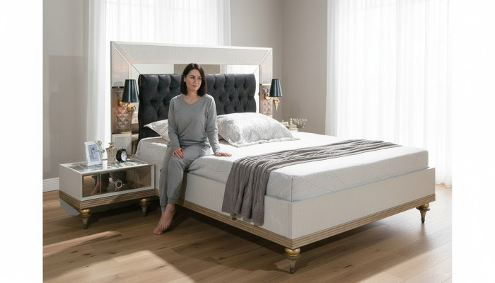 Luxus Bett mit Glas Elementen Doppel Betten Bettgestell Möbel 180x200