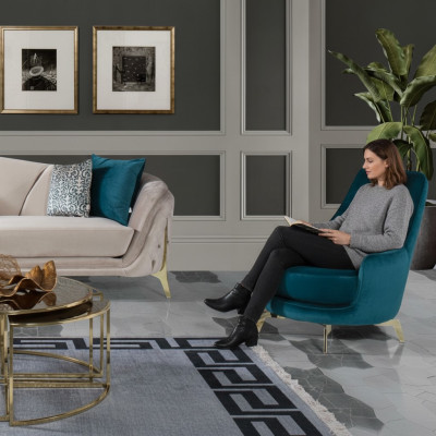 Runder Sessel Design Wohnzimmer Polster Holz Polster Moderne Luxus blau Neu