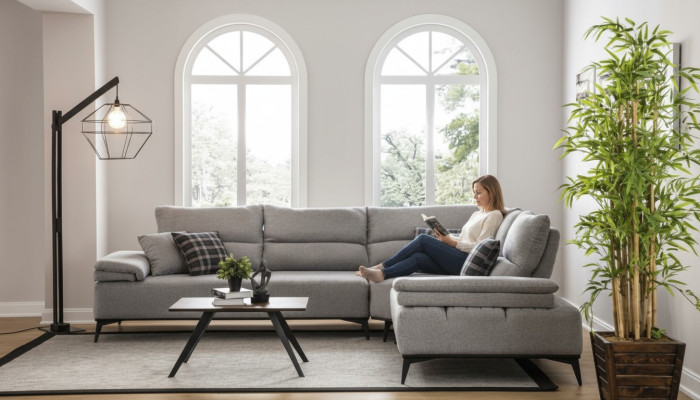 Ecksofa L Form Sofa Couch Design Couchen Polster Textil Neu Eck Garnitur Grau