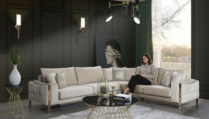 Ecksofa L Form Sofa Couch Design Couchen Polster Textil Eck Garnitur Beige