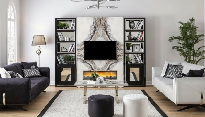 Luxus Wohnwand Wohnzimmer tv Schrank Wände Marmor Imitat Schwarz 270cm
