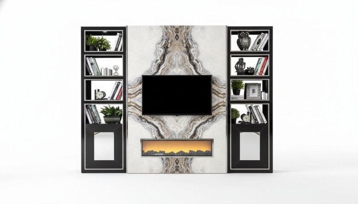 Luxus Wohnwand Wohnzimmer tv Schrank Wände Marmor Imitat Schwarz 270cm