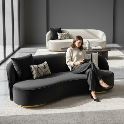 Luxus Couchen Möbel Wohnzimmer Viersitzer Schwarz Textil Möbel Rund 4er