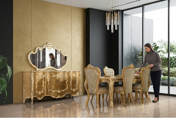Luxus Esszimmer Set Garnitur Stuhl 6x Anrichte Spiegel Esszimmer Gruppe Komplett