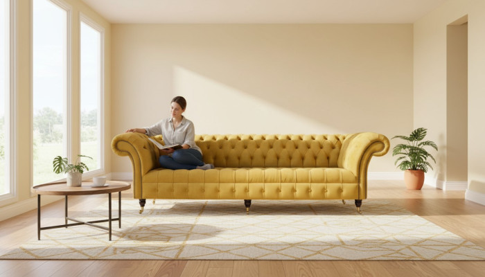 Eleganz Design Sofa 4 Sitzer Couch Polster Luxus Textil Chesterfield Sofas Gelb