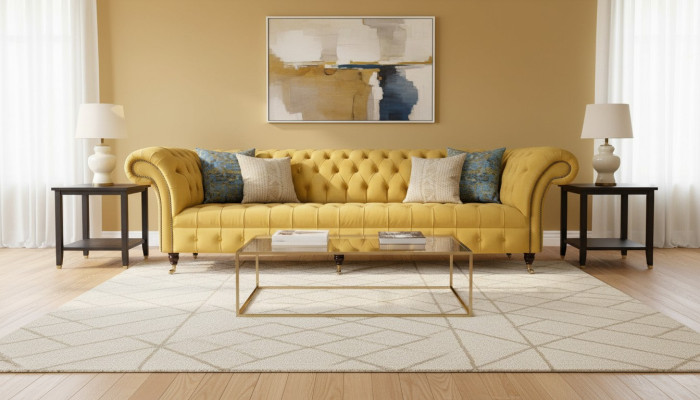 Eleganz Design Sofa 4 Sitzer Couch Polster Luxus Textil Chesterfield Sofas Gelb