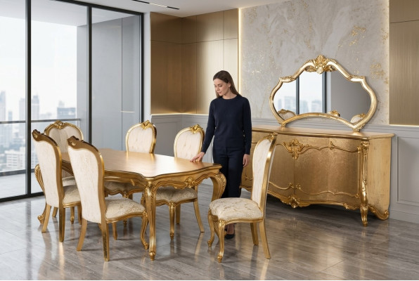 Esszimmer Garnitur Set Tisch 6x Stühle Anrichte Spiegel Essgruppe 9tlg