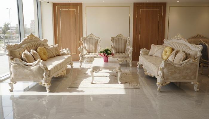 Beige Couchgarnitur Sofa Set 5tlg. Couchtisch Sofagarnitur Couch Möbel
