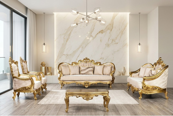 Goldene Sofagarnitur Couch Set 5tlg mit Couchtisch Chesterfield Barock