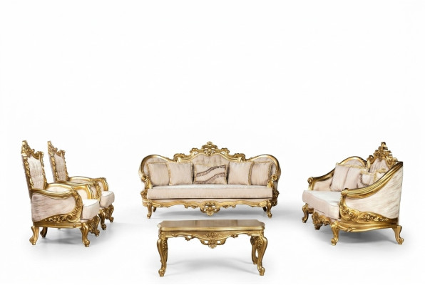 Goldene Sofagarnitur Couch Set 5tlg mit Couchtisch Chesterfield Barock