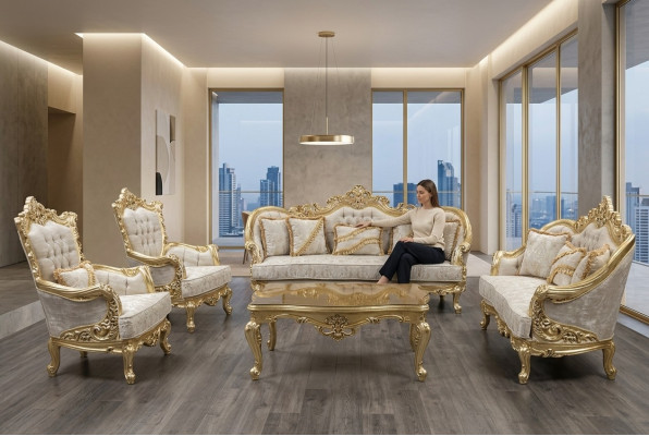 Sofagarnitur 3+1 Platz Luxuriöser Goldener Kaffeetisch Wohnzimmer 3tlg.