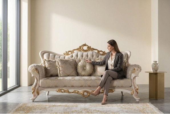 Chesterfield Barock Couch Möbel Sofa Couchen Stoff Gold Dreisitzer