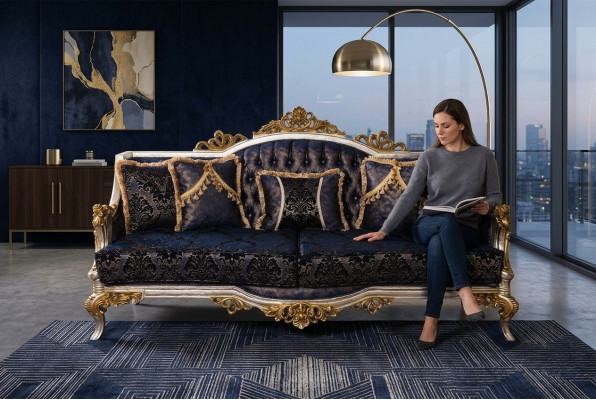 Samt Barock Dreisitzer Couch Goldener Rahmen Sofa Couchen Möbel Neu