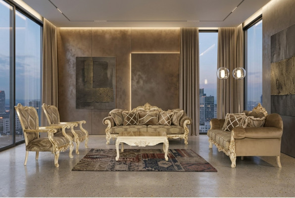 Exklusive Sofagarnitur in beiger Farbe im Barock-Rokoko-Stil 3 + 3 + 1 + 1 + Couchtisch