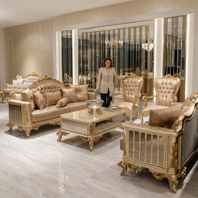 Klassische Barock Rokoko Chesterfield 5tlg. Couchtisch Beige Sofa Möbel