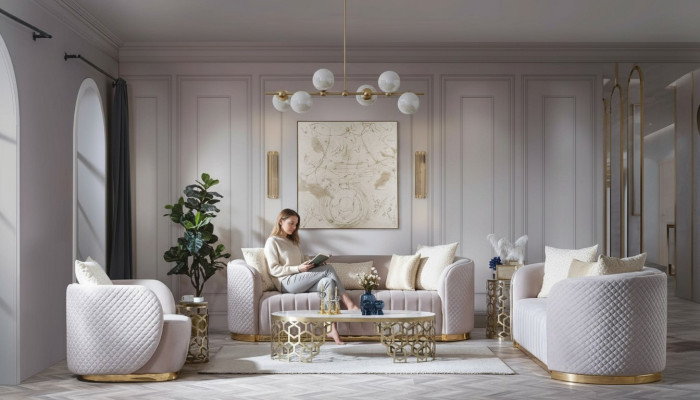 Luxus Sofa Ovale Sofagarnitur Set Polster Möbel 3+2+1 Samt Textil 3tlg.