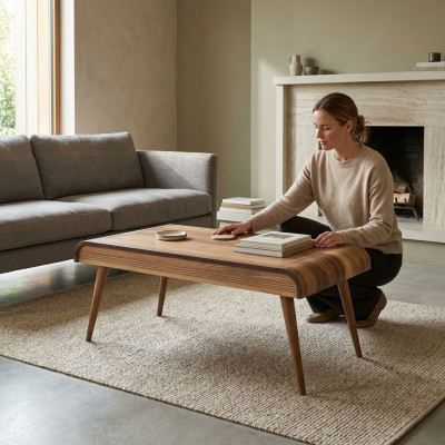 Holz Couchtisch auf Holzbeinen für Ihr Wohnzimmer Original Designmodell Neu