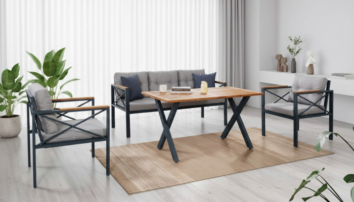 Moderne Graue Gartenmöbel Garnitur Sessel Hocker Tisch Veranda 4tlg. Set