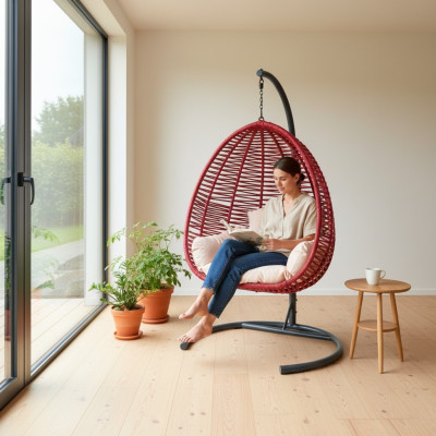 Schalensessel oval Rattan in rot Edelstahl für komfortable Entspannung Neu