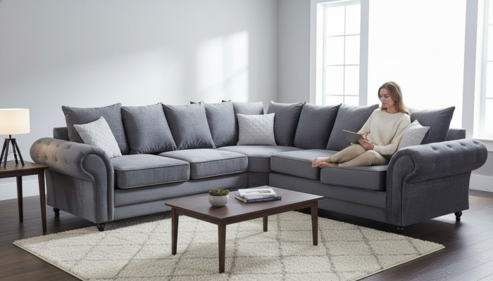 Modern Ecksofa Sofa Stil Grau Sofa Polster Stoff Textil Möbel L-Form Couchen