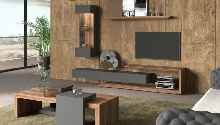 Wandschrank Wandpaneel Seitenschrank Walnuss natur - Anthrazit matt