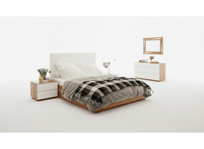 Weiß-Braunes Schlafzimmer Set Luxus Holzmöbel Bett Nachttische Kommode