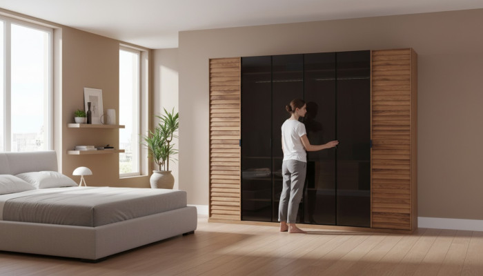 Kleiderschrank Schiebtüren Glastüren Schlafzimmermöbel Spiegel Braun