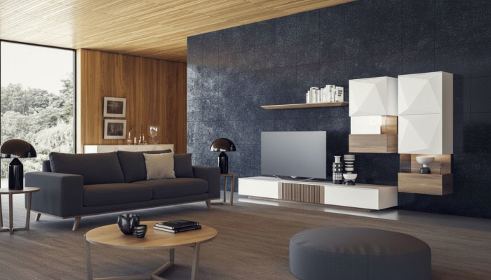 Luxus Walnuss natur Moderne Weiße Wohnwand TV-Ständer Sideboard Wandregale