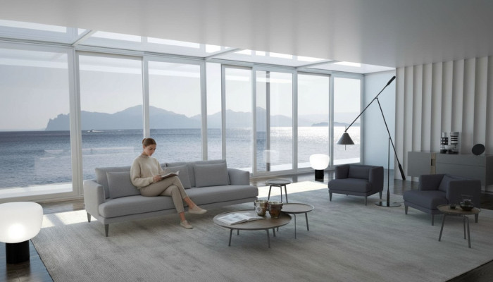 Große Wohnzimmergarnitur Dreisitzer Sessel Couchtische Graue Holzmöbel