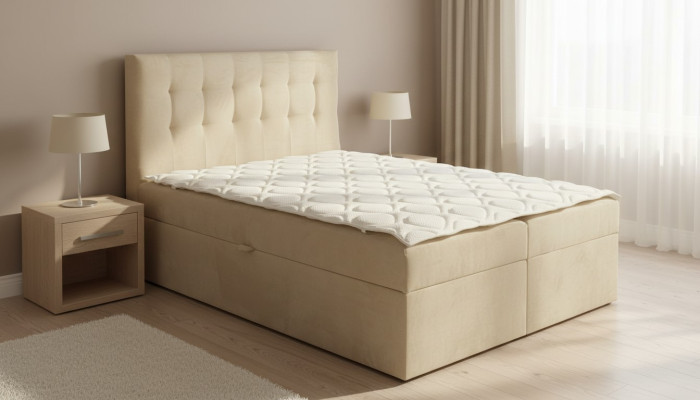 Chesterfield Bett beige Schlafzimmer Holzmöbel Design elegant Polsterung Stoff