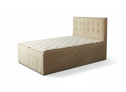 Chesterfield Bett beige Schlafzimmer Holzmöbel Design elegant Polsterung Stoff
