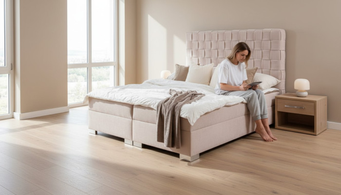 Beige Schlafzimmer Betten Polster Bett Chesterfield Textil Stoff Neu