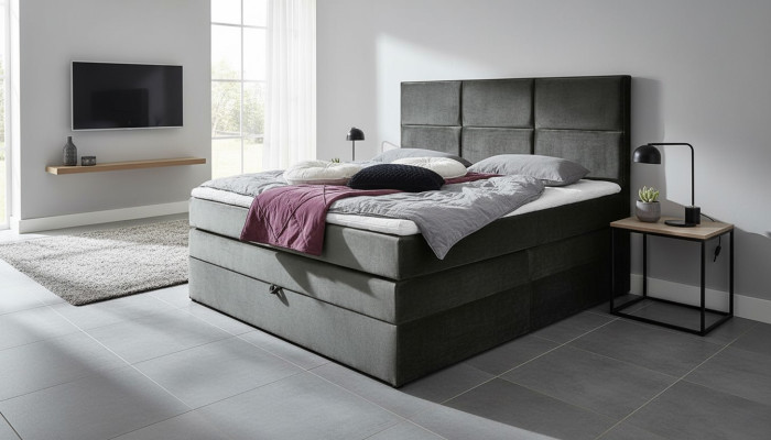 Graue schicke Doppelschlafzimmer Holzmöbel Design elegante Polsterung Stoff
