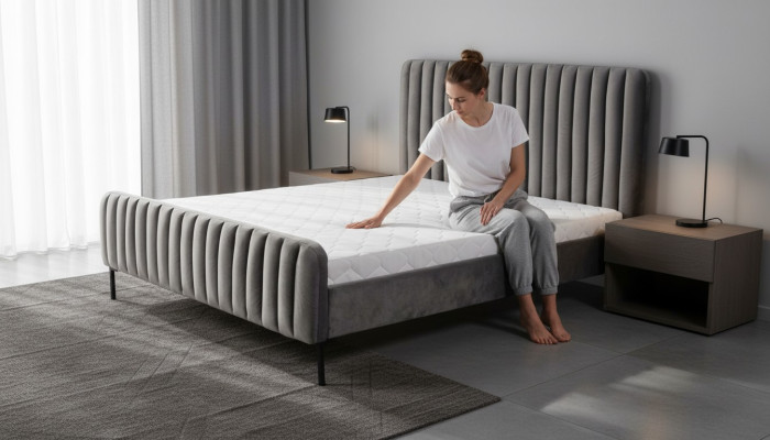 Graue Doppelschlafzimmer Holzmöbel Design elegant Stoff klassische Möbel neu
