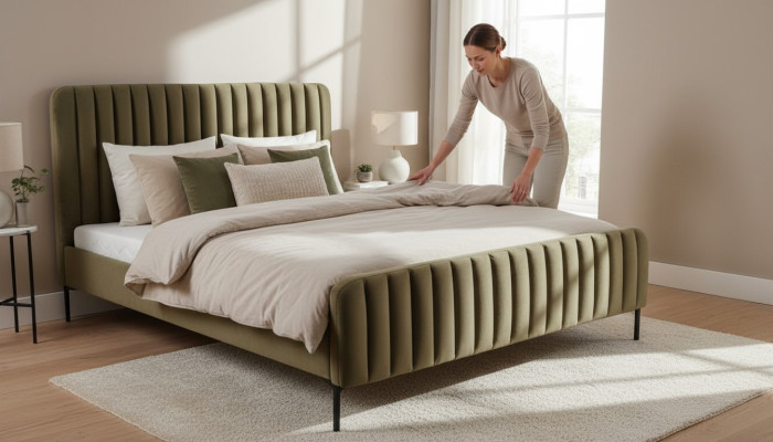 Grünes Doppelschlafzimmer Holzmöbel Design elegant Stoff klassische Möbel