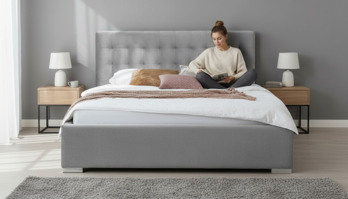 Holzmöbel doppeltes graues Schlafzimmer Design eleganter Stoff klassische Möbel-