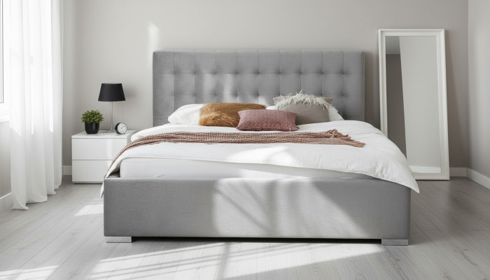 Holzmöbel doppeltes graues Schlafzimmer Design eleganter Stoff klassische Möbel-