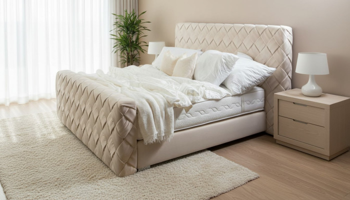 Beiges Doppelbett Moderne Schlafzimmer Möbel Luxus Stilvolles Gewebebett