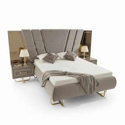 Luxus Bett Hotel Betten mit 2x Nachttisch Gold Glänzende Möbel Schlafzimmer