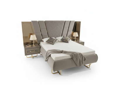 Luxus Bett Hotel Betten mit 2x Nachttisch Gold Glänzende Möbel Schlafzimmer