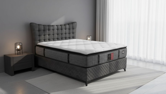 Bett Boxspring Betten Luxus Doppelbett inkls. Matratze mit Caro Muster Grau