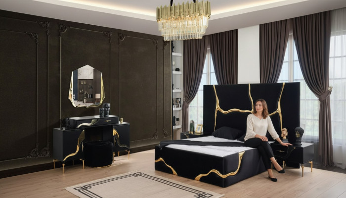 Luxus Schlafzimmer Möbel Bett mit goldenen Schlagen Muster Betten 200x200