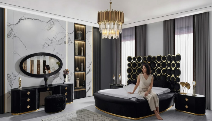 Komplettes Schlafzimmer Set Luxusbett 2x Nachttische Schminktisch Spiegel 5tlg