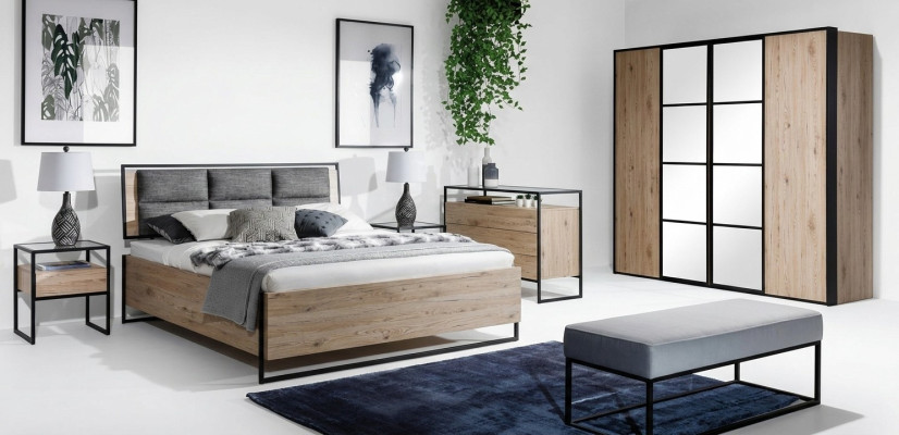 Schlafzimmer Set Beige Bett 2x Nachttische Kommode Kleiderschrank Neu 5tlg.