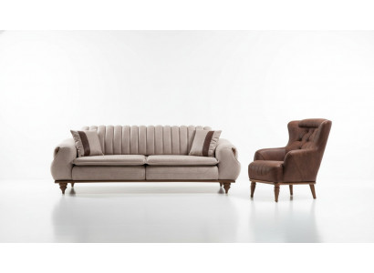 Designer Sofagarnitur 3+1 Sitz Couchtisch Sofabezug Textil Braun Holz