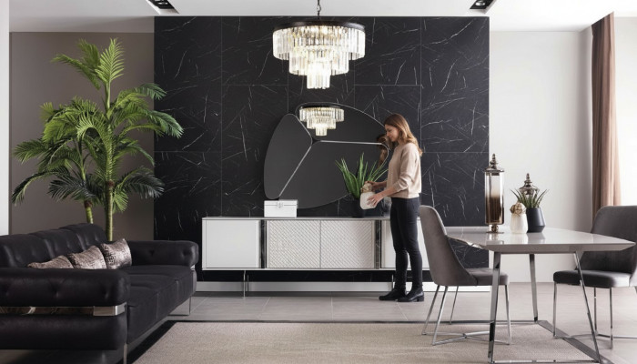 Esszimmer Garnitur Sofa Tisch 4x Stuhl Set Anrichte Spiegel Möbel 8tlg