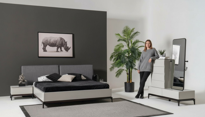 Modernes schwarz-weißes Schlafzimmer-Set (Bett, zwei Nachttische, Kommode mit Spiegel)