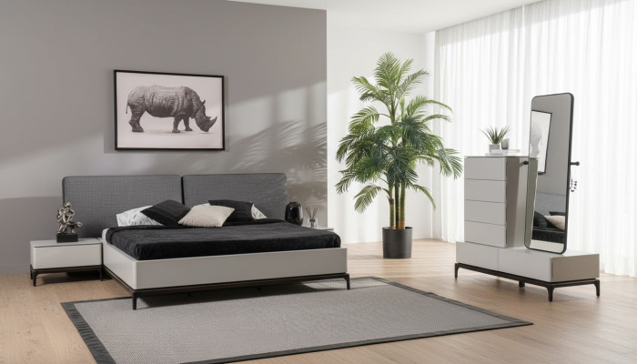 Modernes schwarz-weißes Schlafzimmer-Set (Bett, zwei Nachttische, Kommode mit Spiegel)