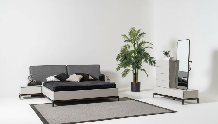 Modernes schwarz-weißes Schlafzimmer-Set (Bett, zwei Nachttische, Kommode mit Spiegel)