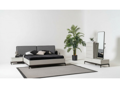 Modernes schwarz-weißes Schlafzimmer-Set (Bett, zwei Nachttische, Kommode mit Spiegel)